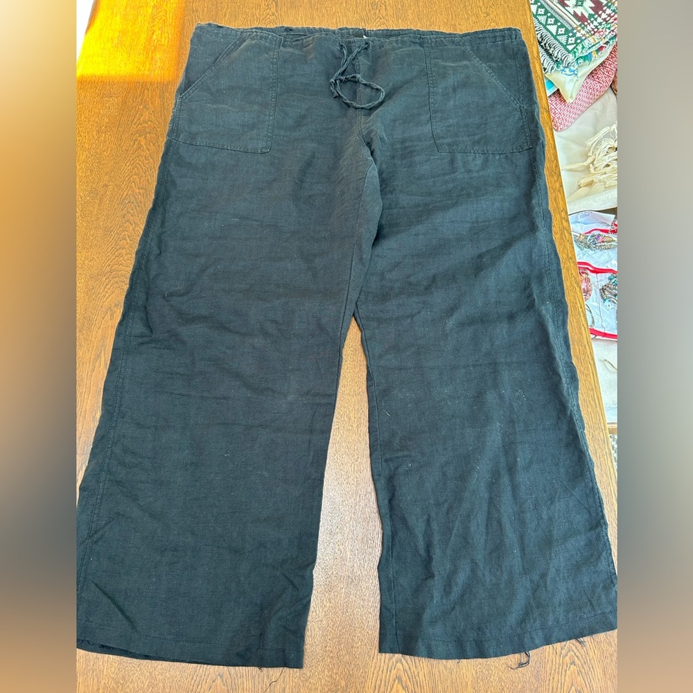 Maddison women’s 100% Linen wide leg drawstring pants in black, XL. Rn17730.
